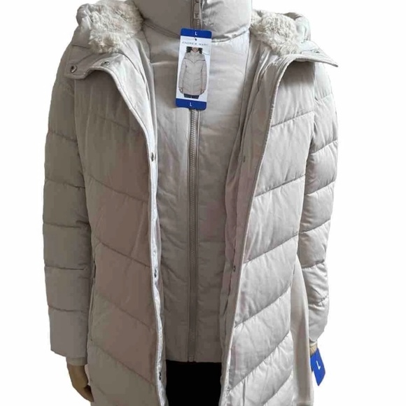 Andrew Marc Beige Winter Puffer Long Coat Jacket Hooded Faux Fur L Large Women - Picture 5 of 6